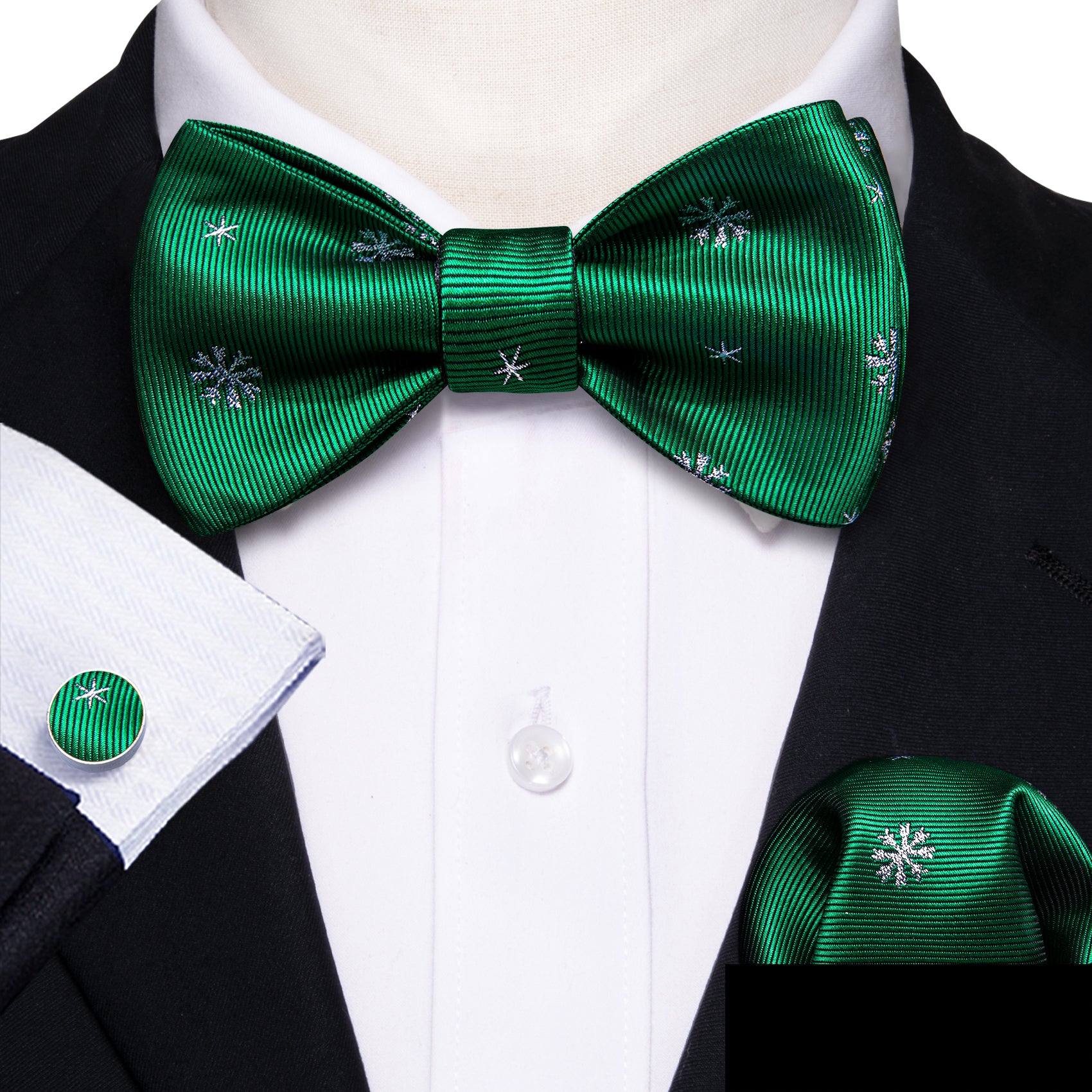 Christmas Green White Snowflake Silk Self Tie Bow Tie Hanky Cufflinks Set