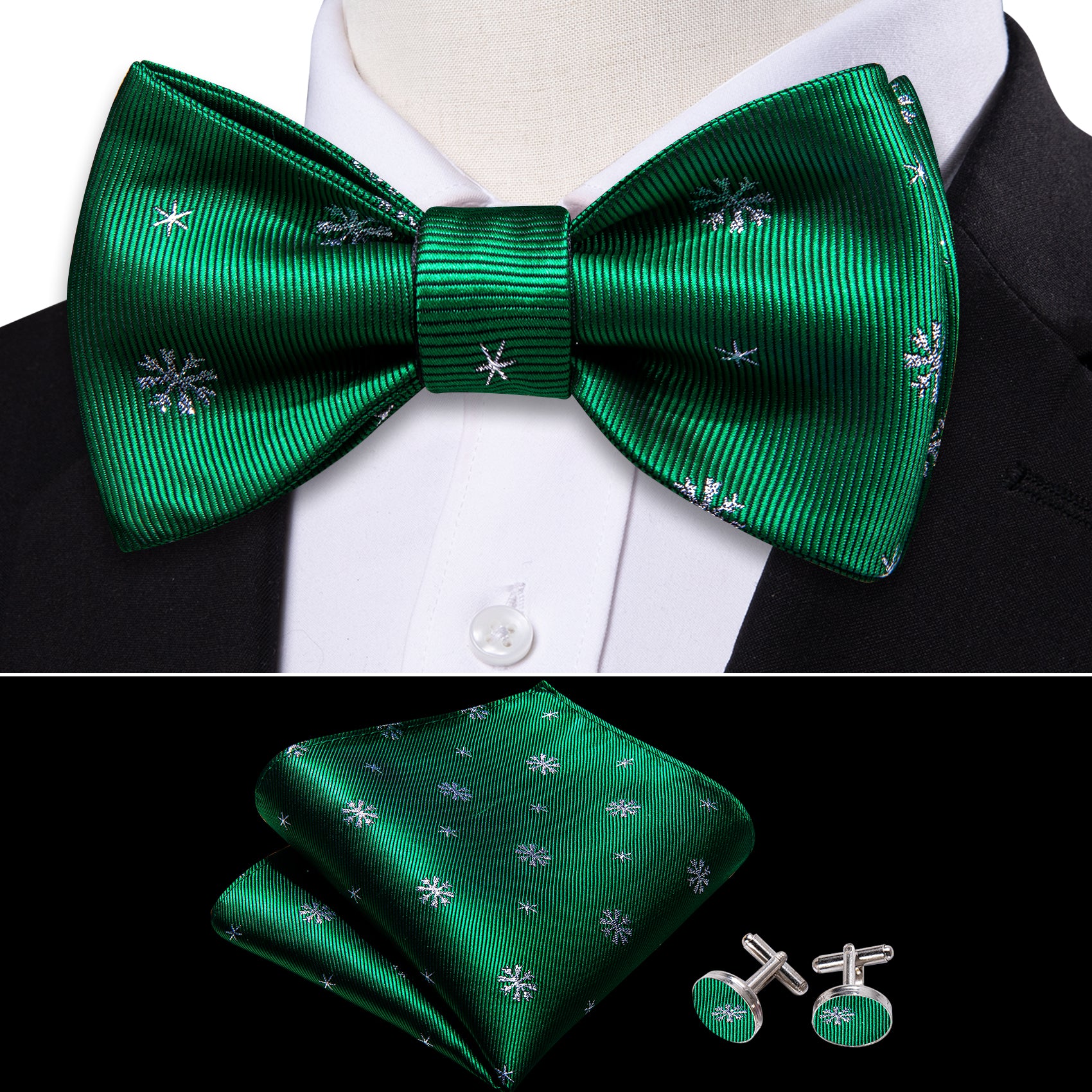 Christmas Green White Snowflake Silk Self Tie Bow Tie Hanky Cufflinks Set