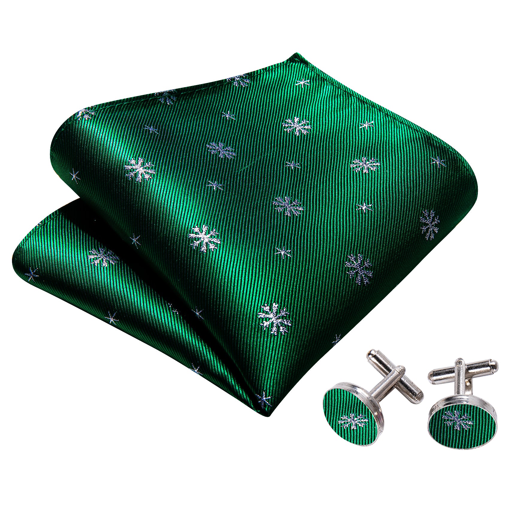 Christmas Green White Snowflake Silk Self Tie Bow Tie Hanky Cufflinks Set