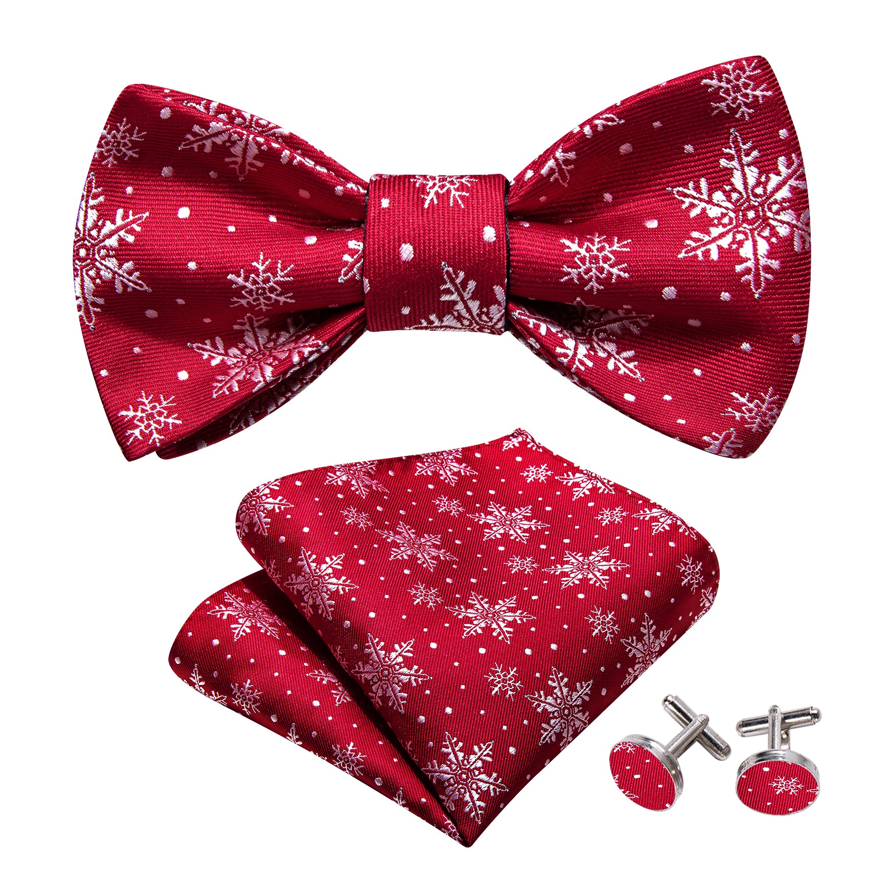 Barry Wang Christmas Fashion Red White Snowflake Silk Tie Bow Tie Hanky Cufflinks Set