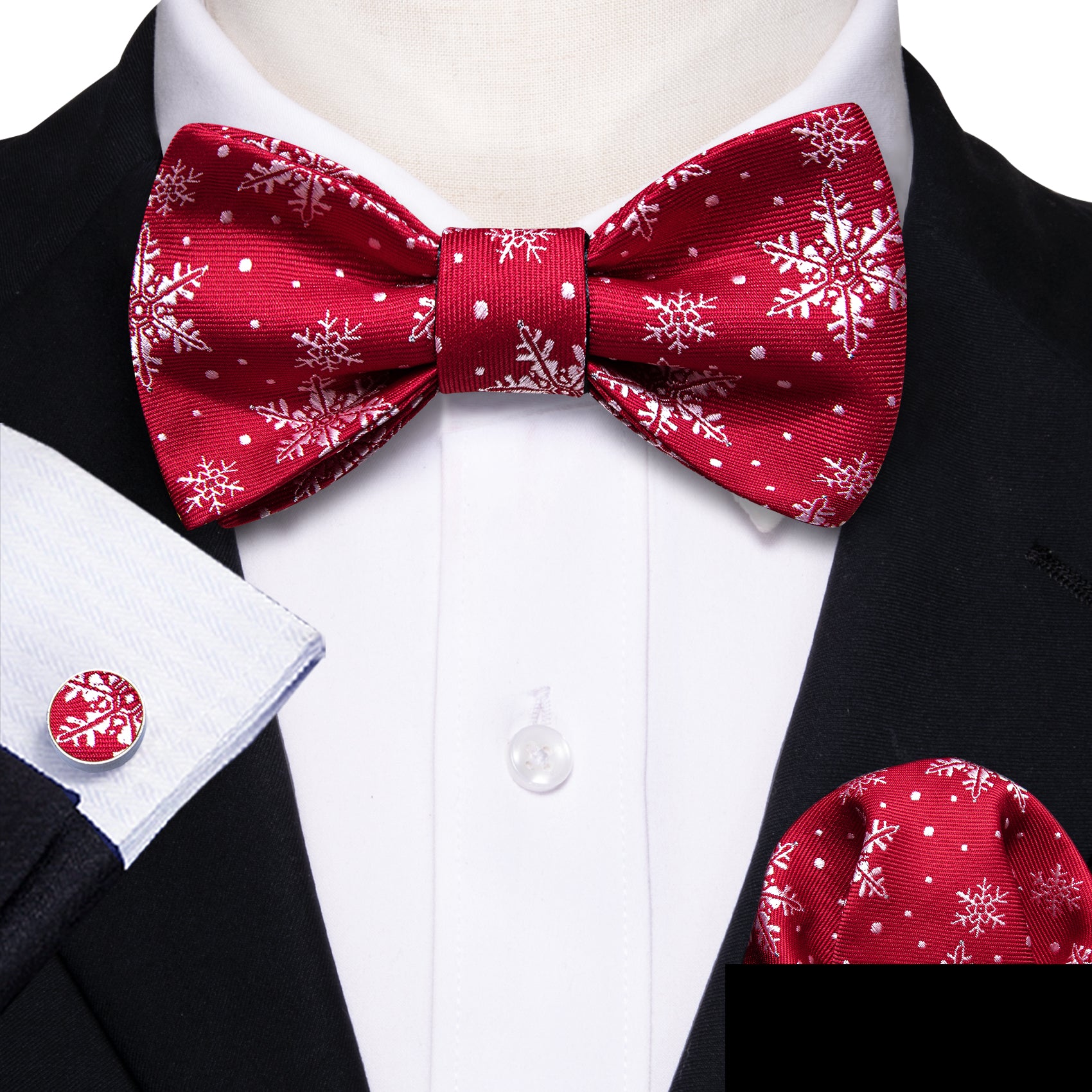 Barry Wang Christmas Fashion Red White Snowflake Silk Tie Bow Tie Hanky Cufflinks Set