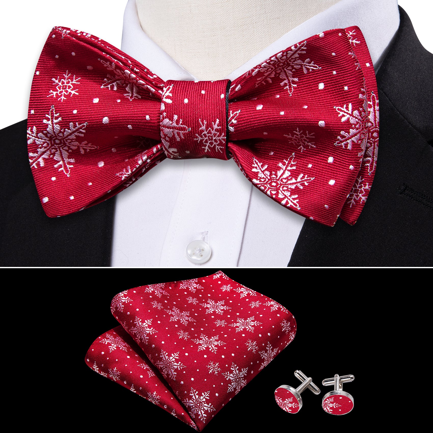 Barry Wang Christmas Fashion Red White Snowflake Silk Tie Bow Tie Hanky Cufflinks Set