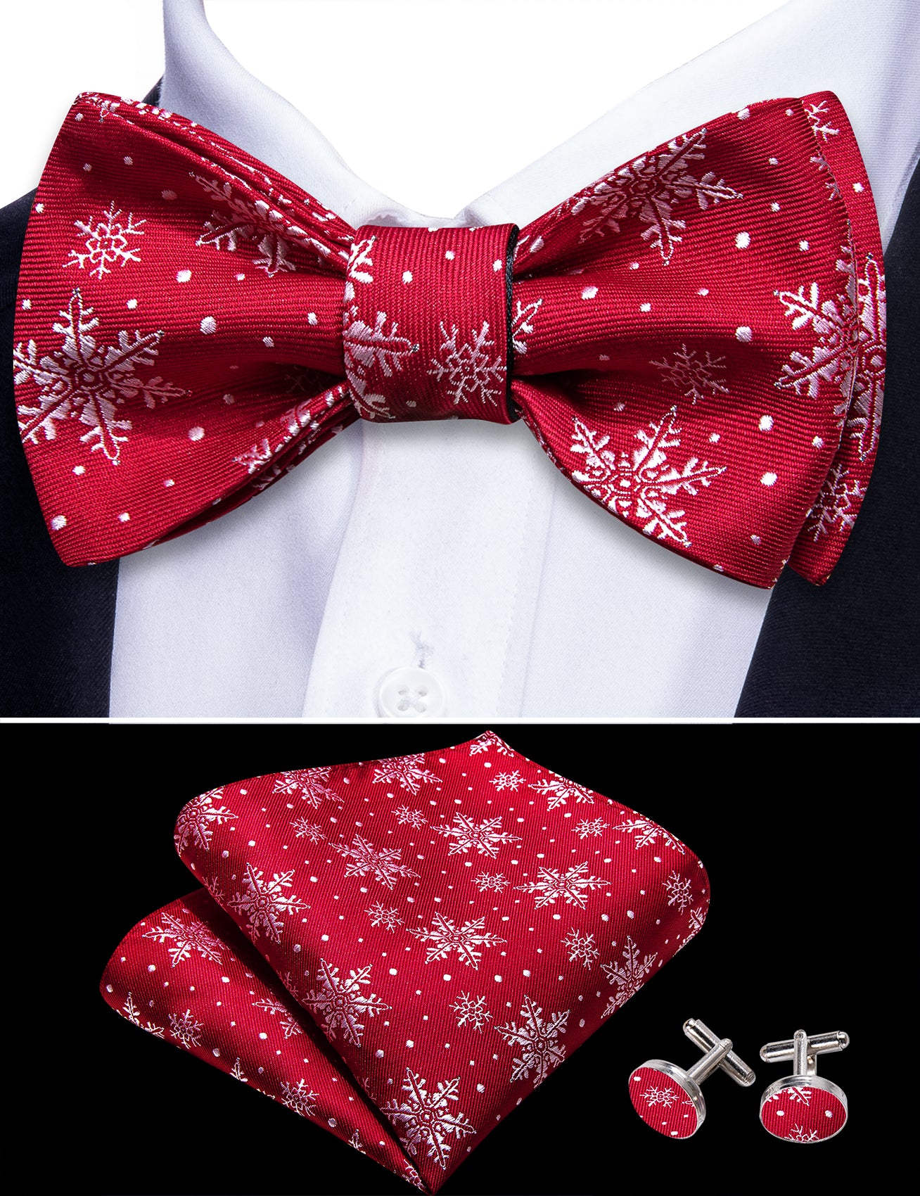 Barry Wang Christmas Fashion Red White Snowflake Silk Tie Bow Tie Hanky Cufflinks Set