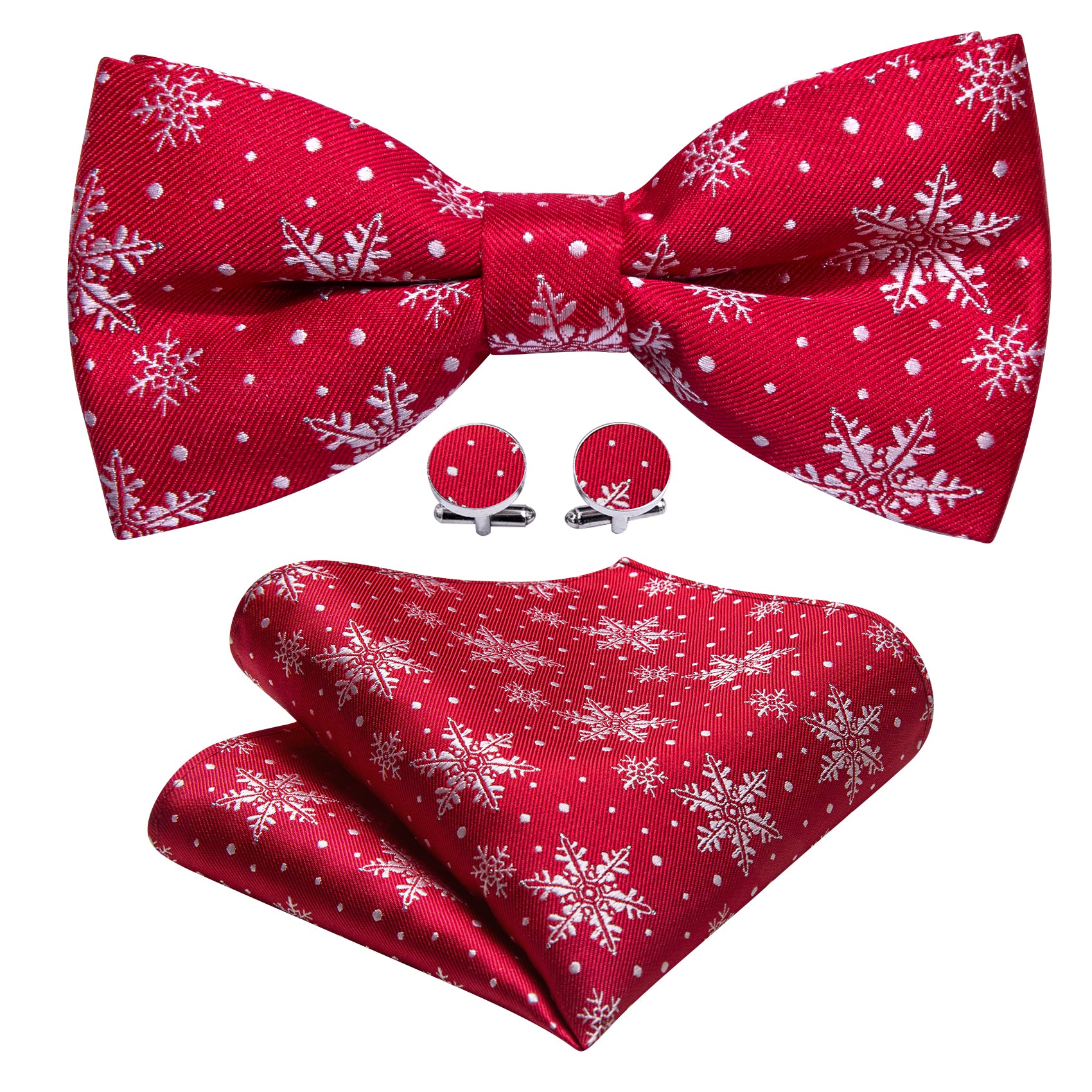 Christmas Red White Snowflake Pre-tied Bow Tie Hanky Cufflinks Set