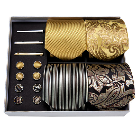 4pcs Beige Gold Mens Tie Hanky Cufflinks Clip Barry Wang Gift Box Set