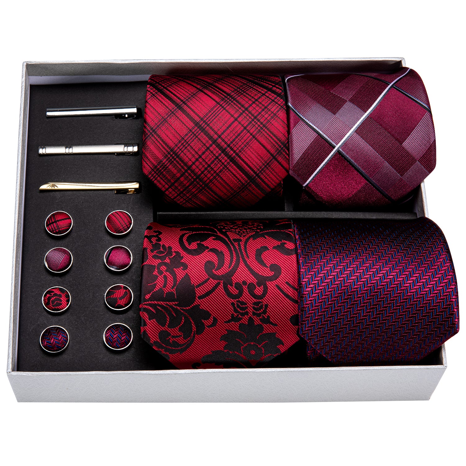  Red Paisley Tie Pocket Square Cufflinks Clip Gift Box Set