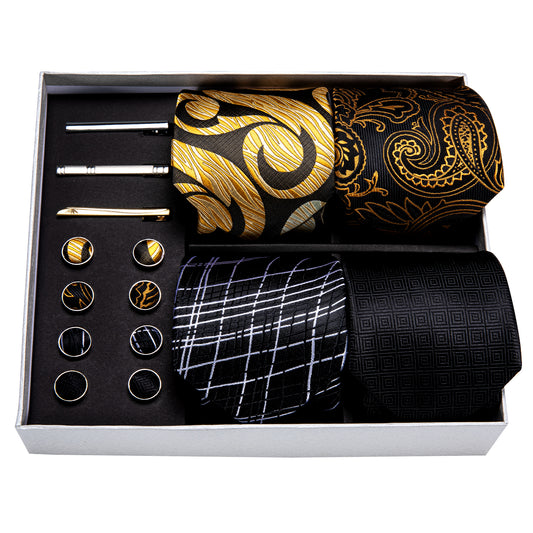 4pcs Black Gold Mens Tie Hanky Cufflinks Clip Barry Wang Gift Box Set