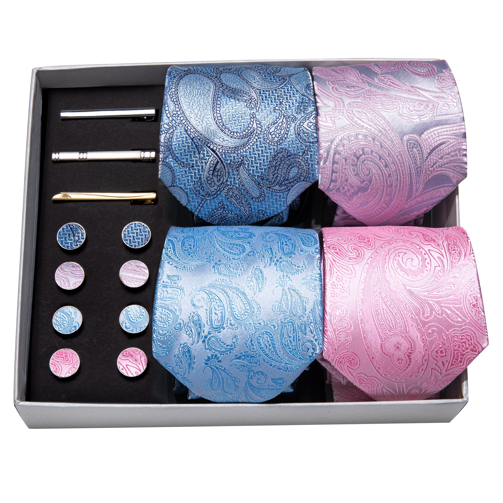 Barry Wang 4pcs Men Tie Blue Pink Necktie Pocket Square Gift Box Set