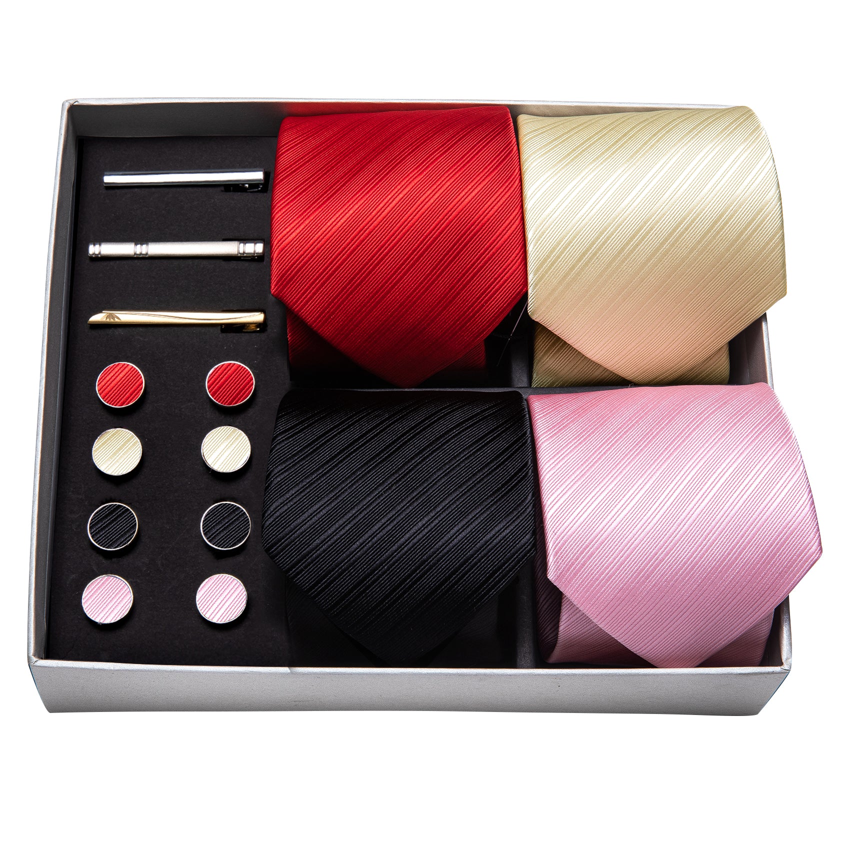 Barry Wang 4pcs Men Striped Silk Men Wedding Tie Hanky Gift Box Set