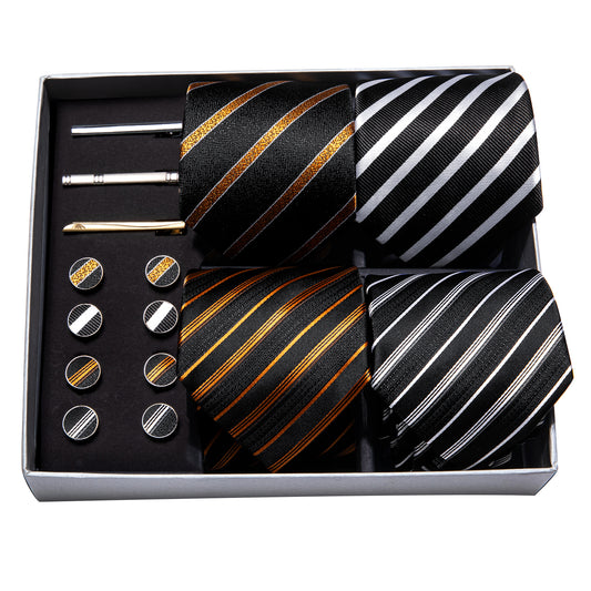  Men Tie Black Striped Silk Men Necktie  Barry Wang Gift Box Set