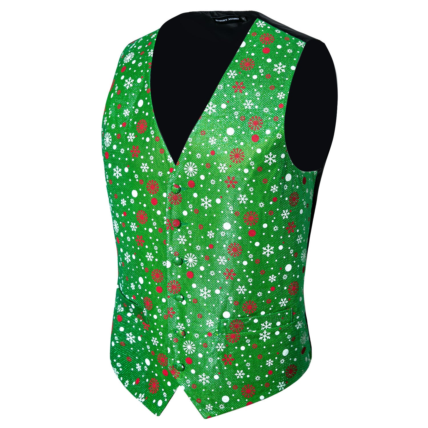 Christmas Men's Novelty Green White Snowflake Silk Vest Green Bowtie Set