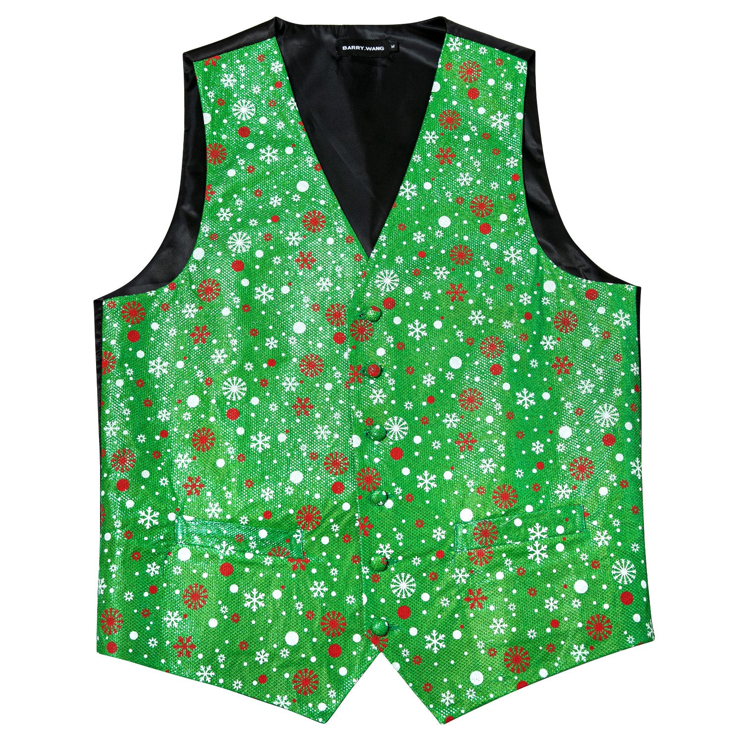 Christmas Men's Novelty Green White Snowflake Silk Vest Green Bowtie Set