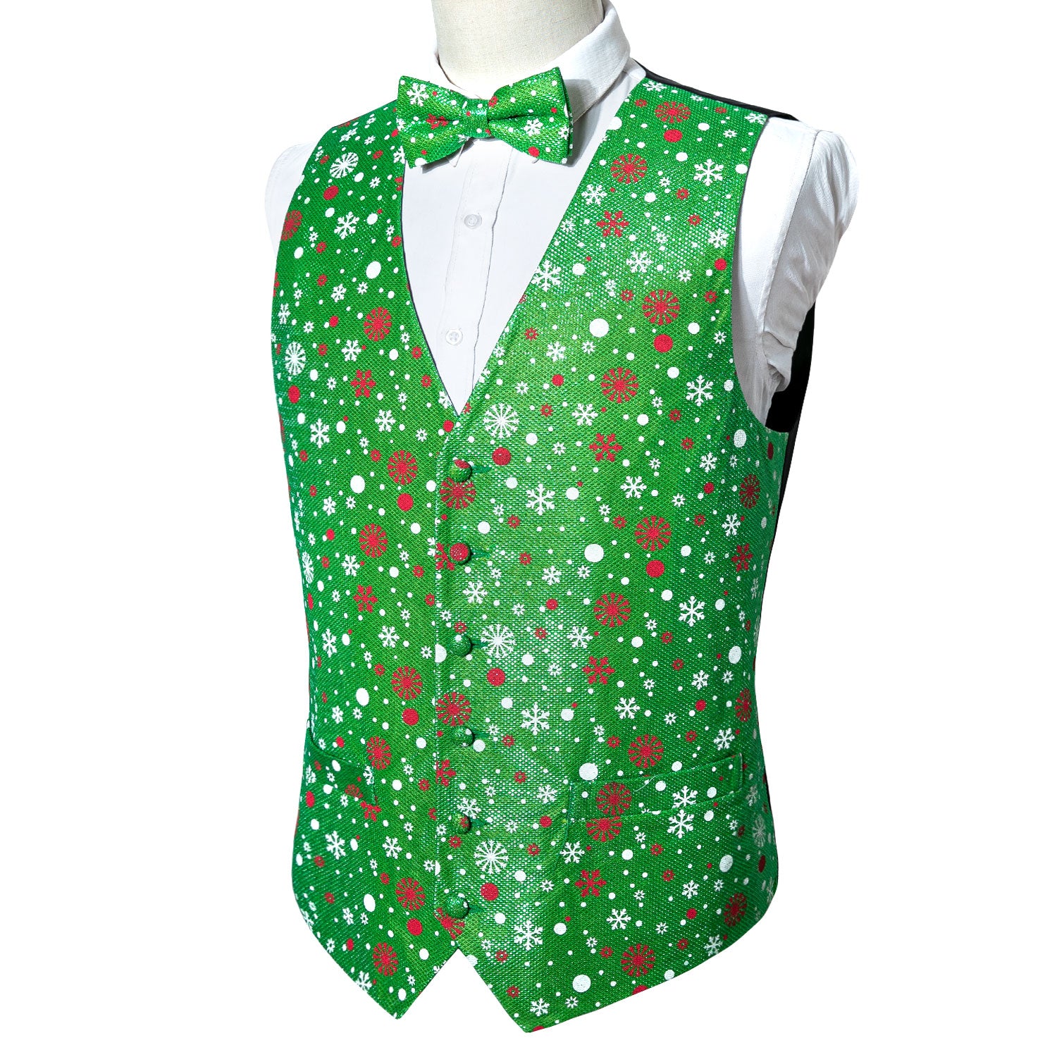 Christmas Men's Novelty Green White Snowflake Silk Vest Green Bowtie Set