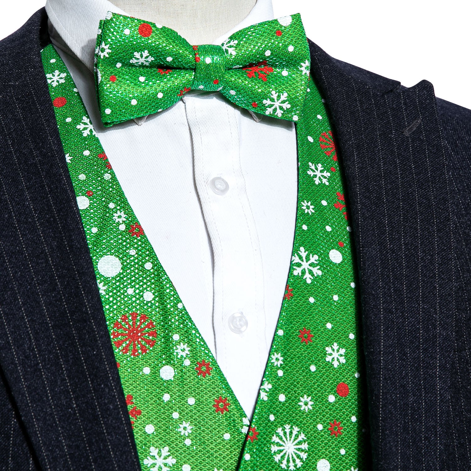 Christmas Men's Novelty Green White Snowflake Silk Vest Green Bowtie Set