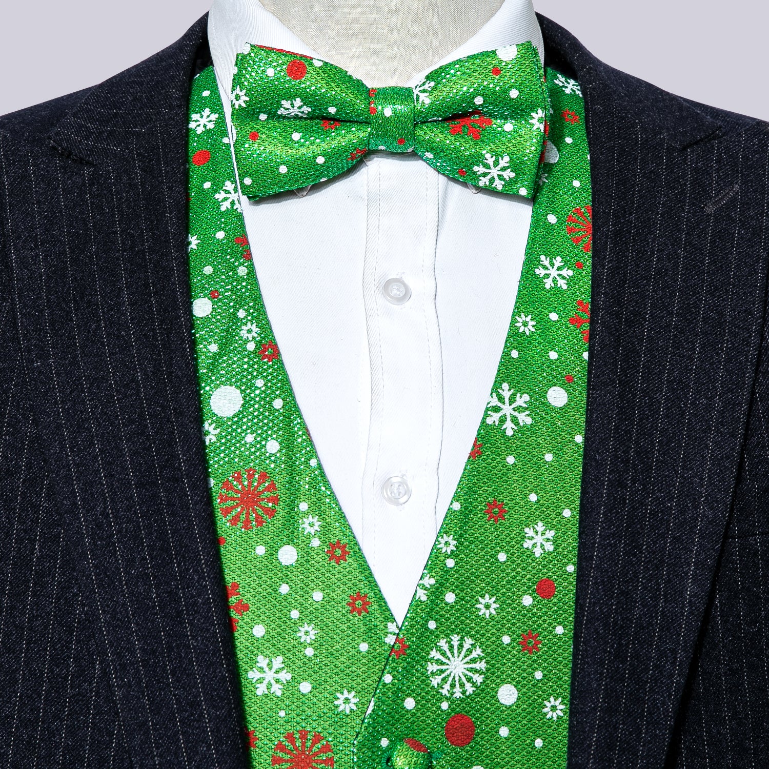 Christmas Men's Novelty Green White Snowflake Silk Vest Green Bowtie Set