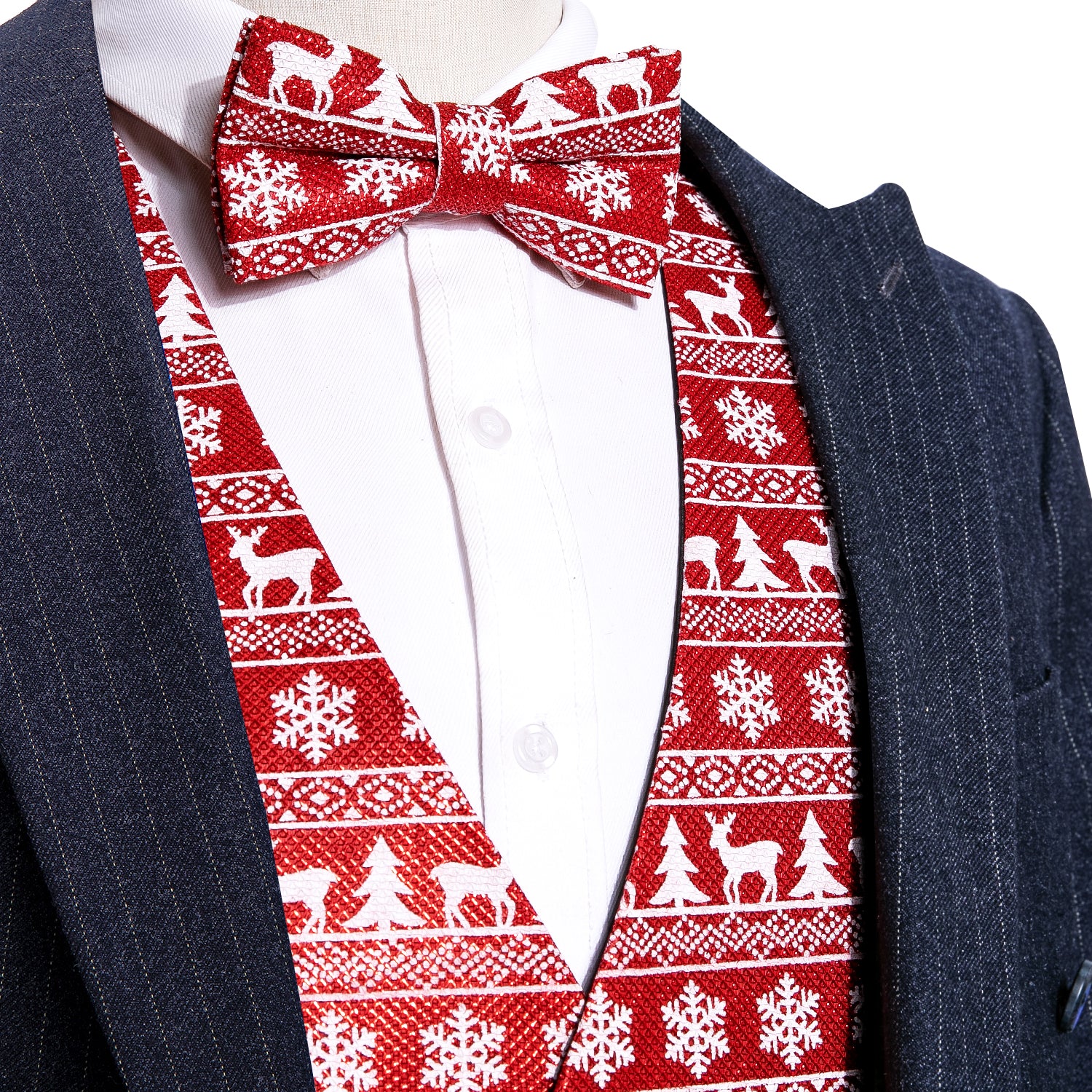 Christmas Elements Men's Red Silk Vest Red Bowtie Set