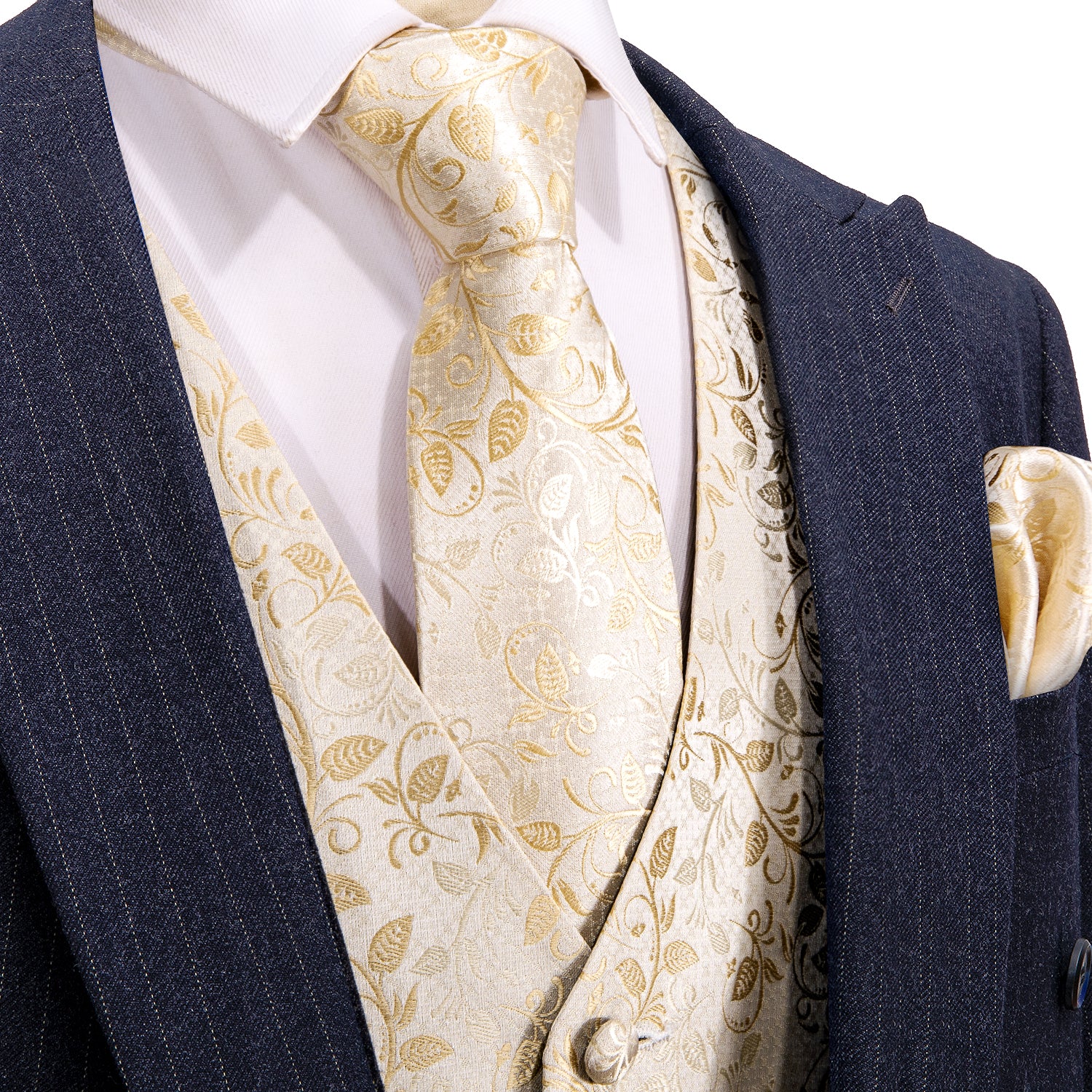Fashion (GM-2061-Brooch)Black 5PCS Designer Mens Wedding Suit Vest Gold  Floral Jacquard Folral Silk Waistcoat Tie Brooches Vest Set Barry.Wang  Groom DOU