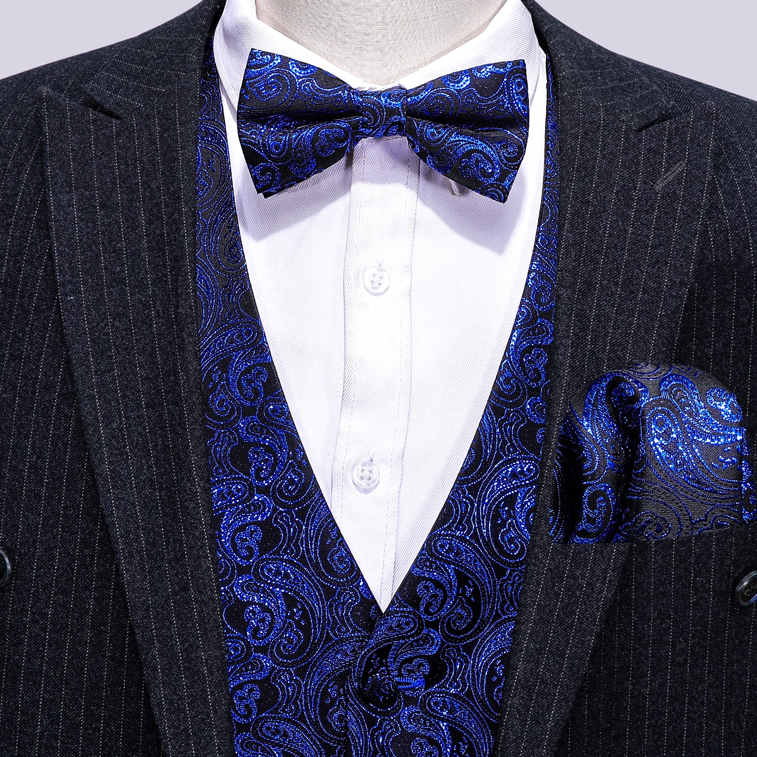 Marine Blue Paisley outlets Satin Vest and Matching Bow Tie or Long Tie and Pocket Square