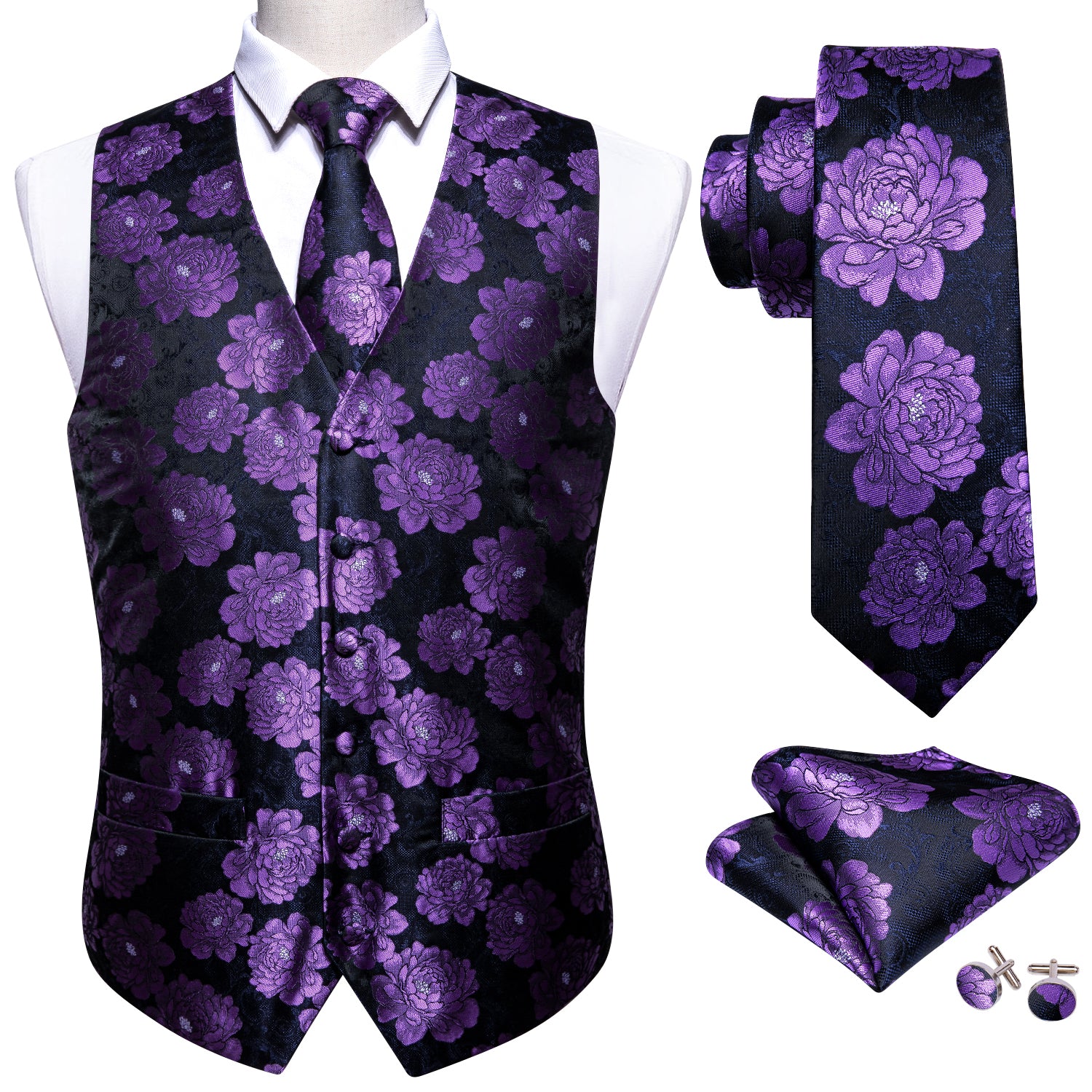 Barry Wang Classy Men's Purple Flower Silk No Collar Vest Necktie Set