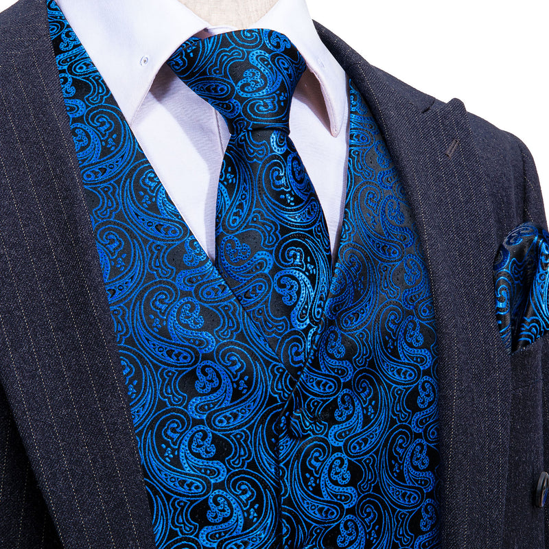 Men's Blue Paisley Silk Vest Necktie Pocket square Cufflinks – BarryWang