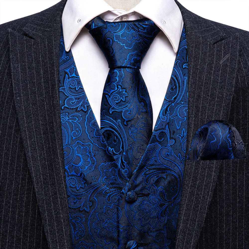 Blue Black Paisley Silk V Neck Vest Tie Pocket Square Cufflinks Set