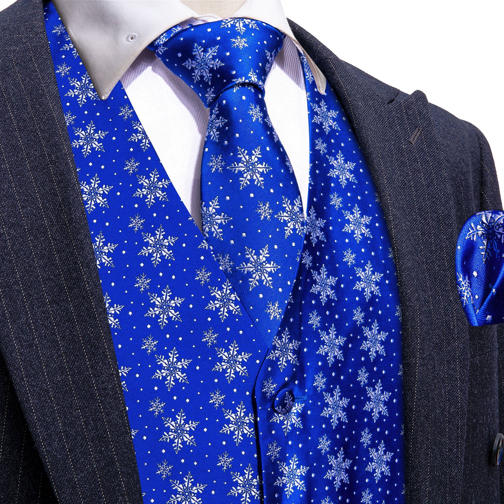 Christmas Men's Blue White Snowflake Silk Tie Hanky Cufflinks Waistcoat Vest Set