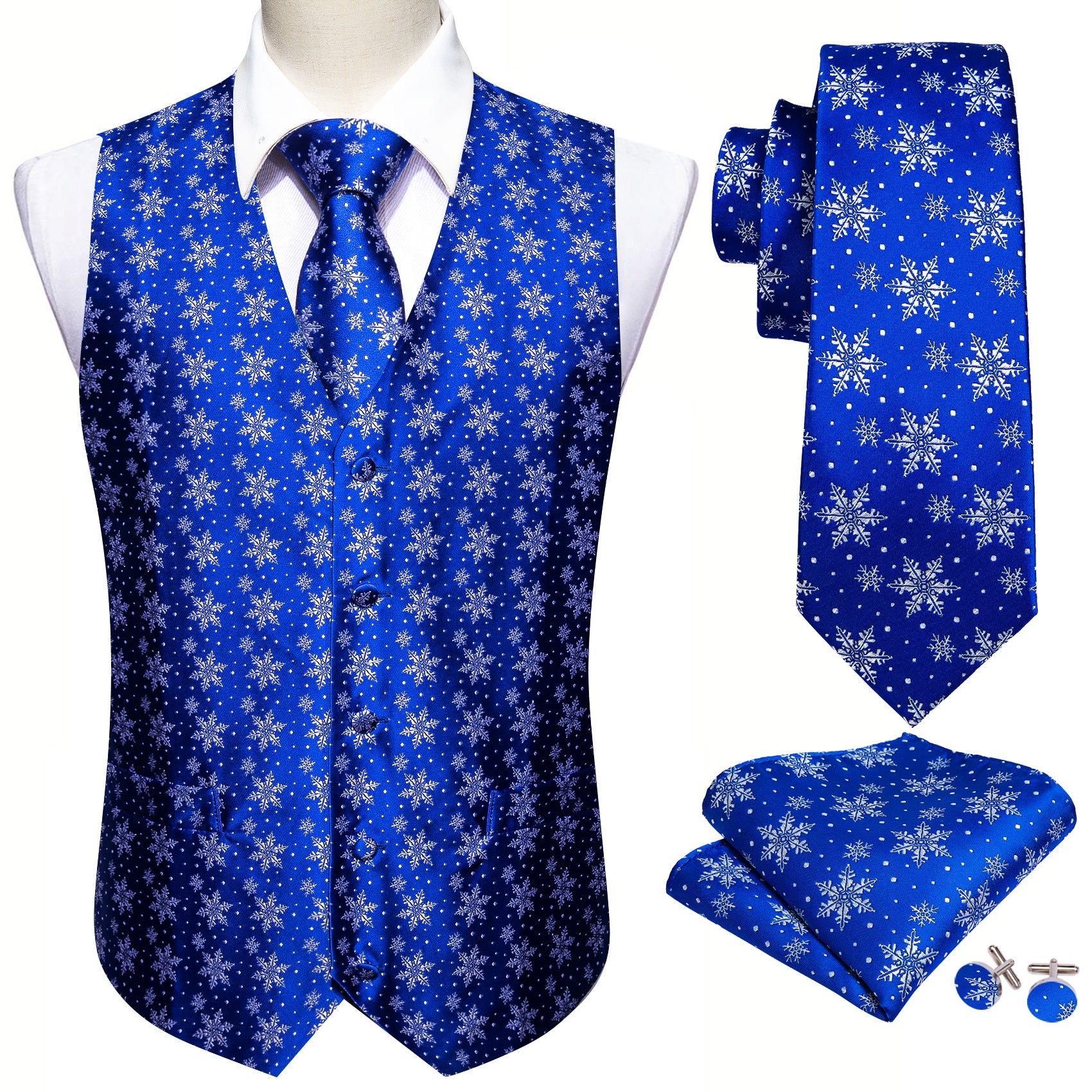 Christmas Men's Blue White Snowflake Silk Tie Hanky Cufflinks Waistcoat Vest Set