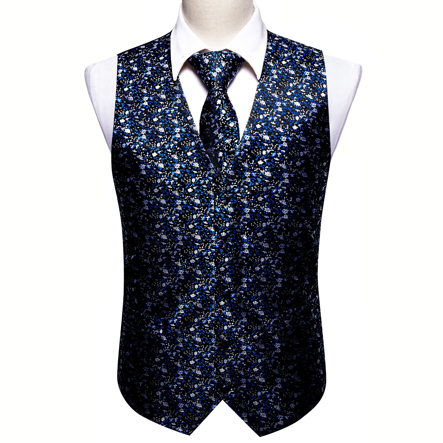 Blue White Small Flower Floral Silk V Neck Vest Tie Set