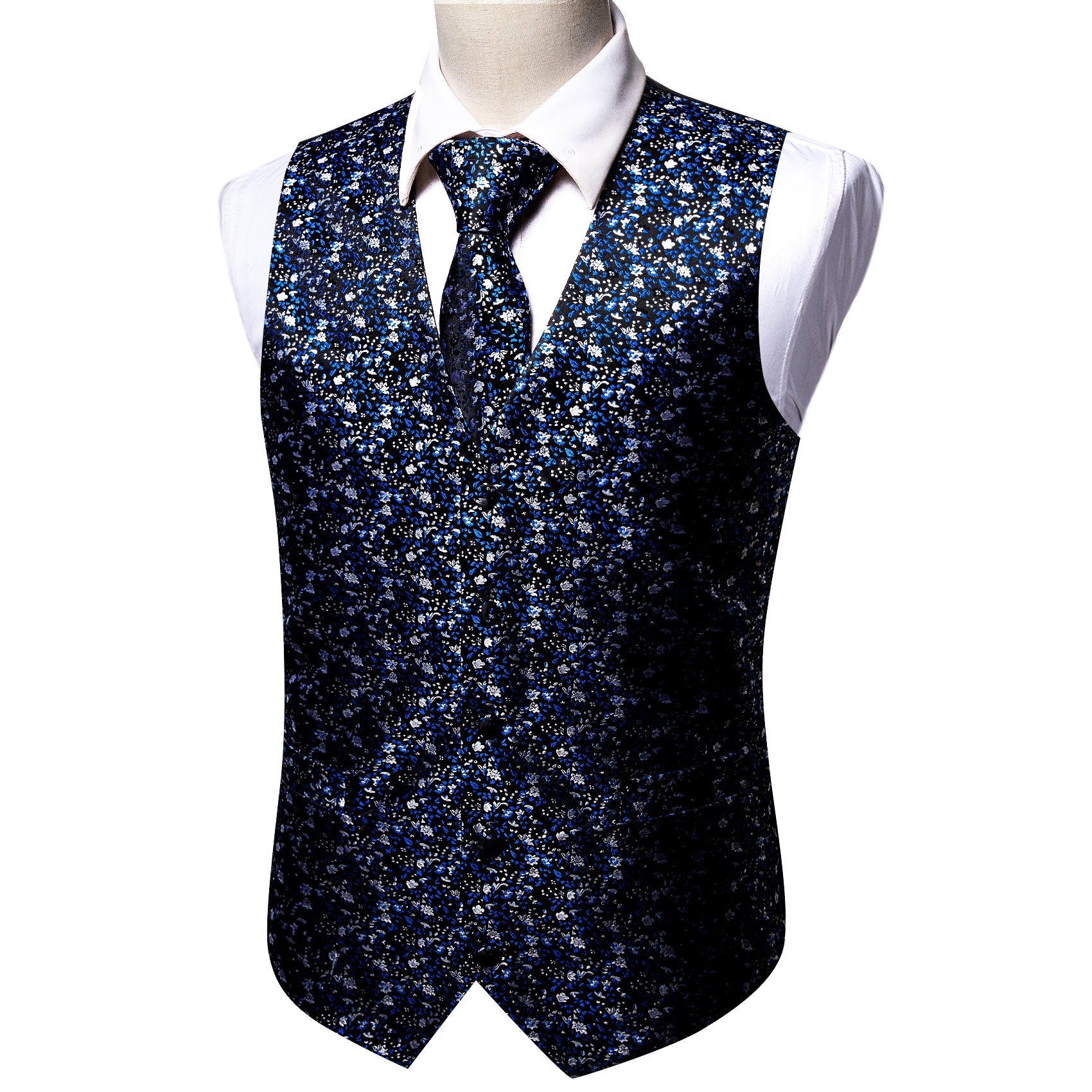 Blue White Small Flower Floral Silk V Neck Vest Tie Set