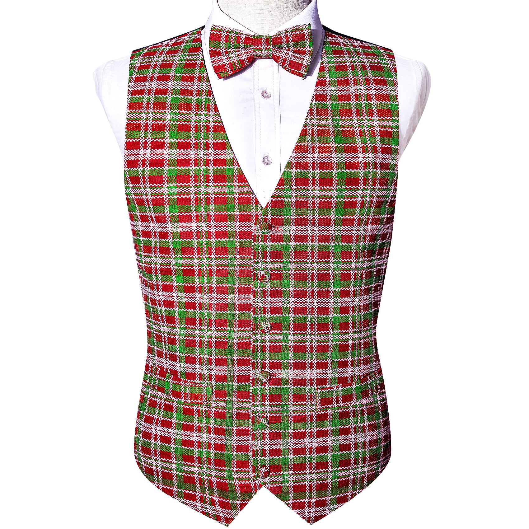 Christmas Men's Red Green Plaid Silk Bowtie V-Neck Waistcoat Vest Set