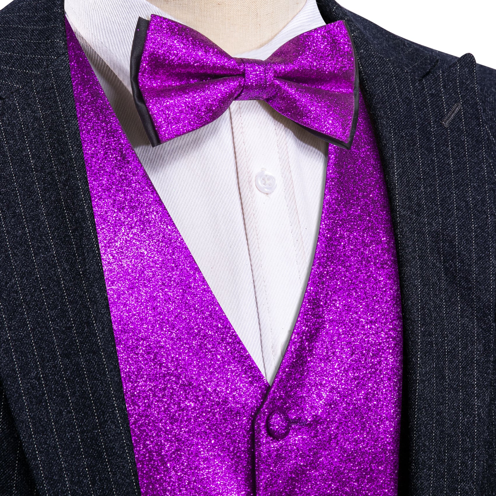 Barry Wang Men's Vest Shining Violet Purple Bowtie V-Neck Vest Set