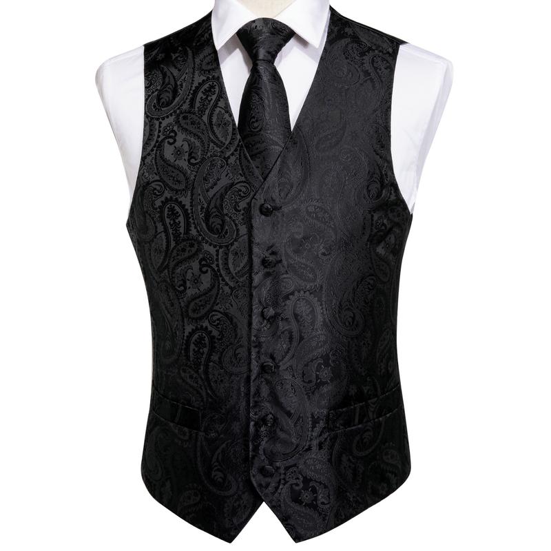 Men's Black Paisley Silk Vest Necktie Pocket square Cufflinks