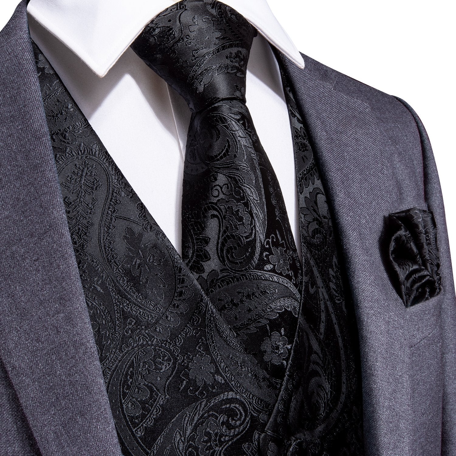 Men's Black Paisley Silk Vest Necktie Pocket square Cufflinks