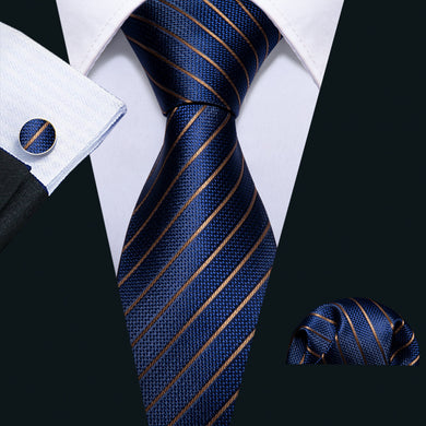 Barry Wang Deep Blue Gold Striped Silk Fabric Tie Hanky Cufflinks Set