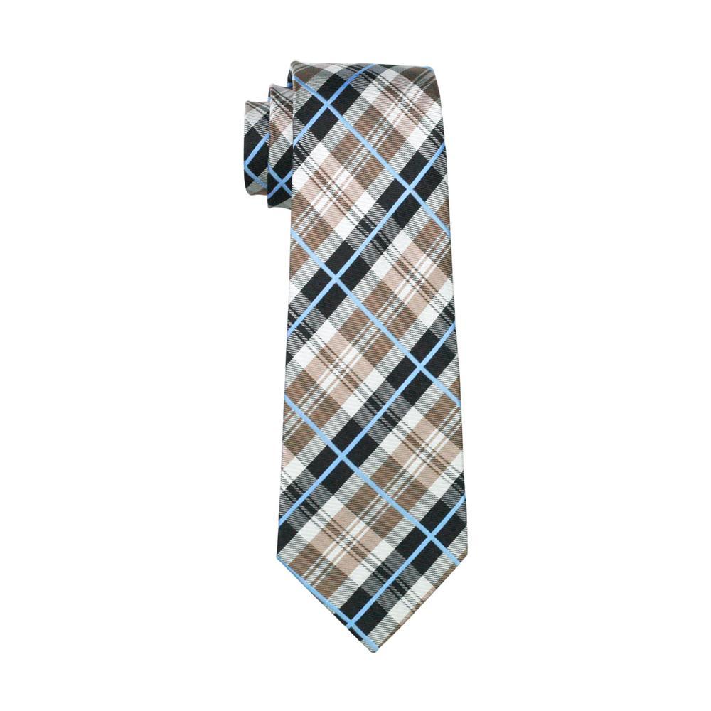 Brown Black White Plaid Silk Men's Tie Pocket Square Cufflinks Set