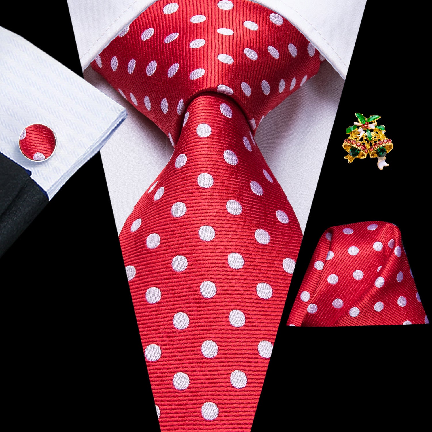 Red White Polka Dot Men's Tie Lapel Pin Brooch Silk Tie Pocket Square Cufflinks Set Wedding Business Party