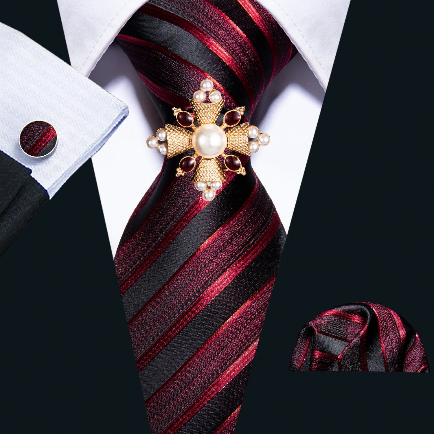 Red Black Silk Stripe Tie Hanky Cufflinks Set with Brooch