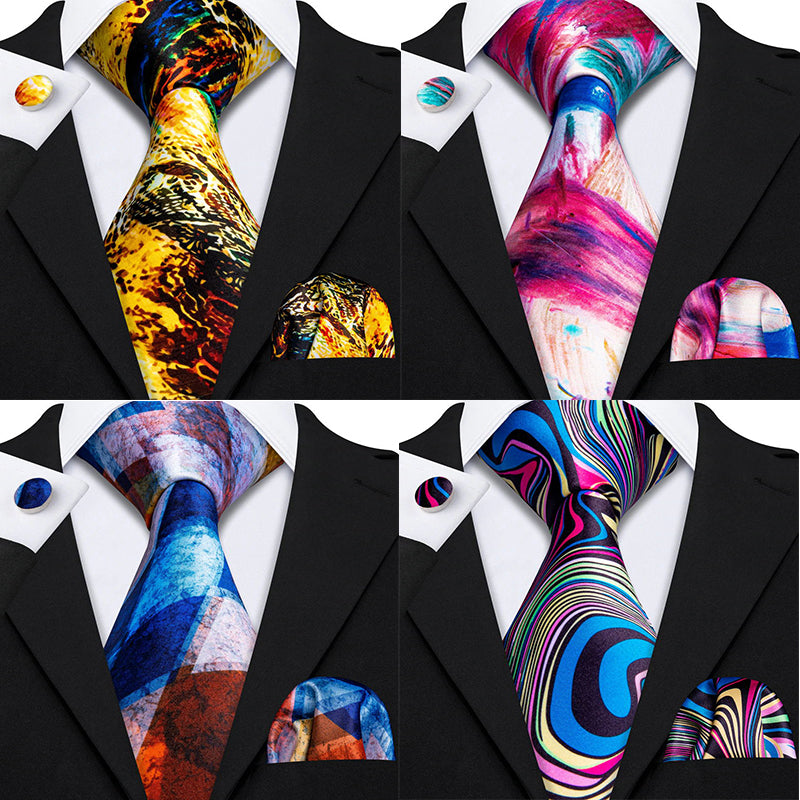 Barry.Wang 4pcs Men Fashion Gradient Silk Tie Pocket Square Cufflink Set