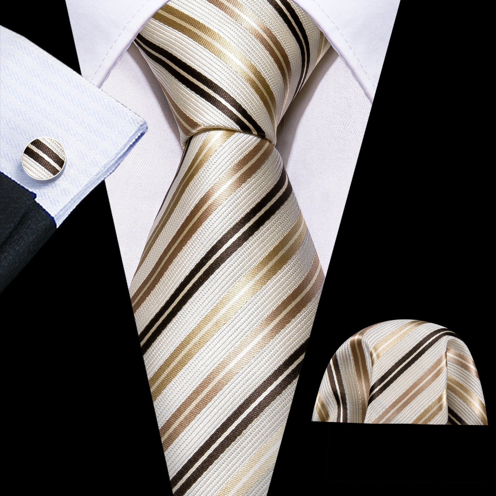 Barry Wang White Gold Striped Champagne Necktie Hanky Cufflinks Set