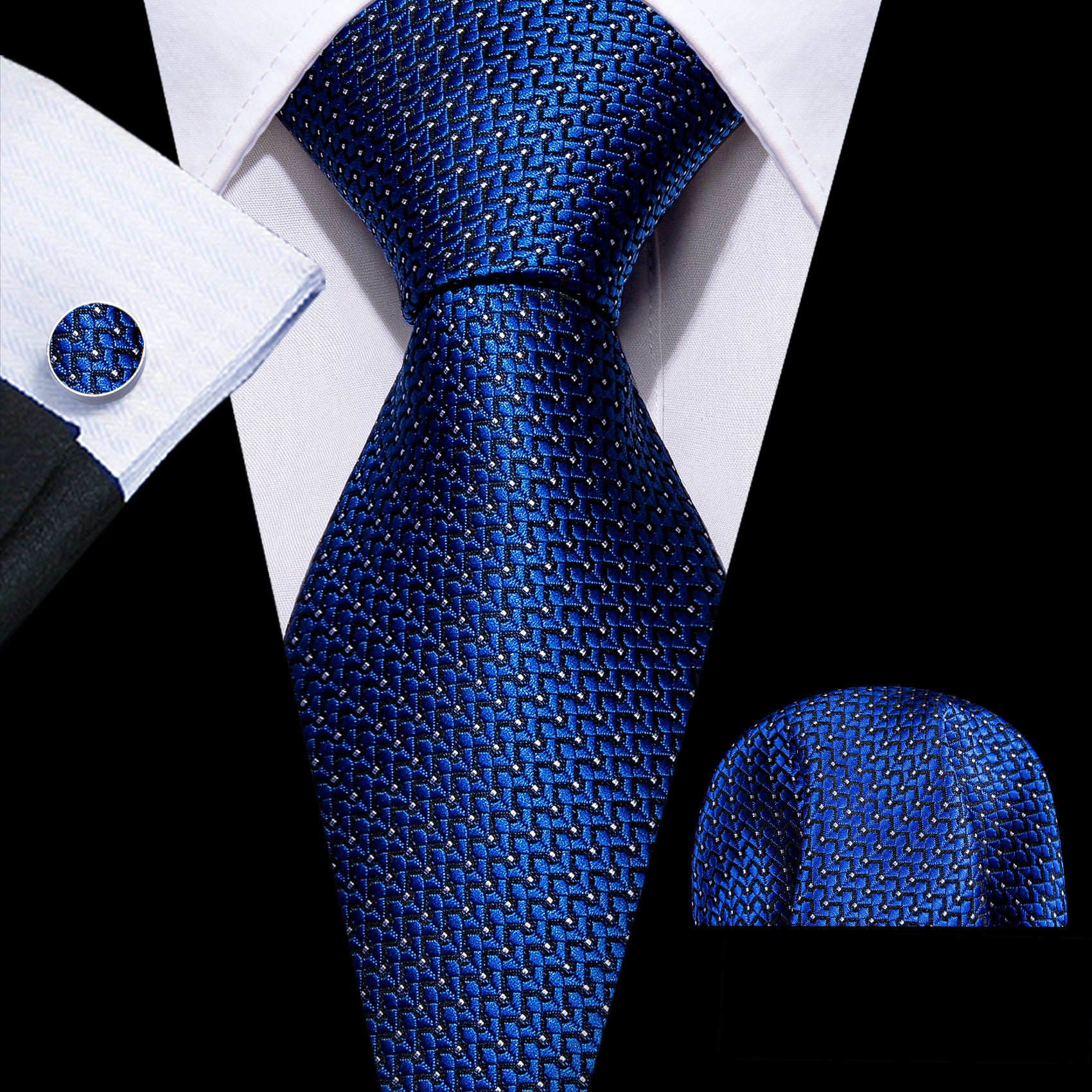 Blue Solid Silk Necktie Hanky Cufflinks Set