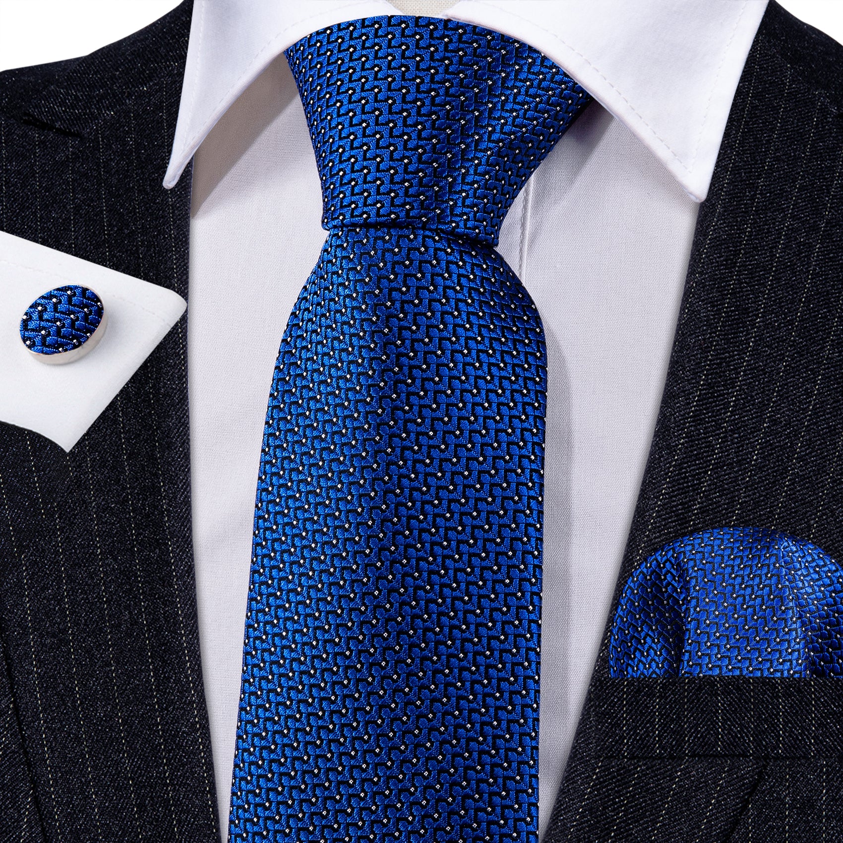 Blue Solid Silk Necktie Hanky Cufflinks Set