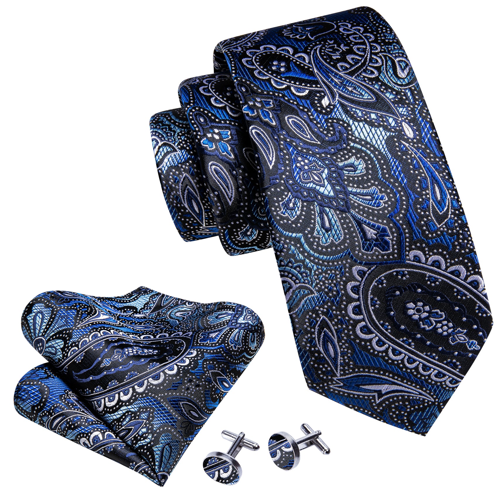 Formal Blue Men Paisley Silk Tie Handkerchief Cufflinks Set black suit white shirt