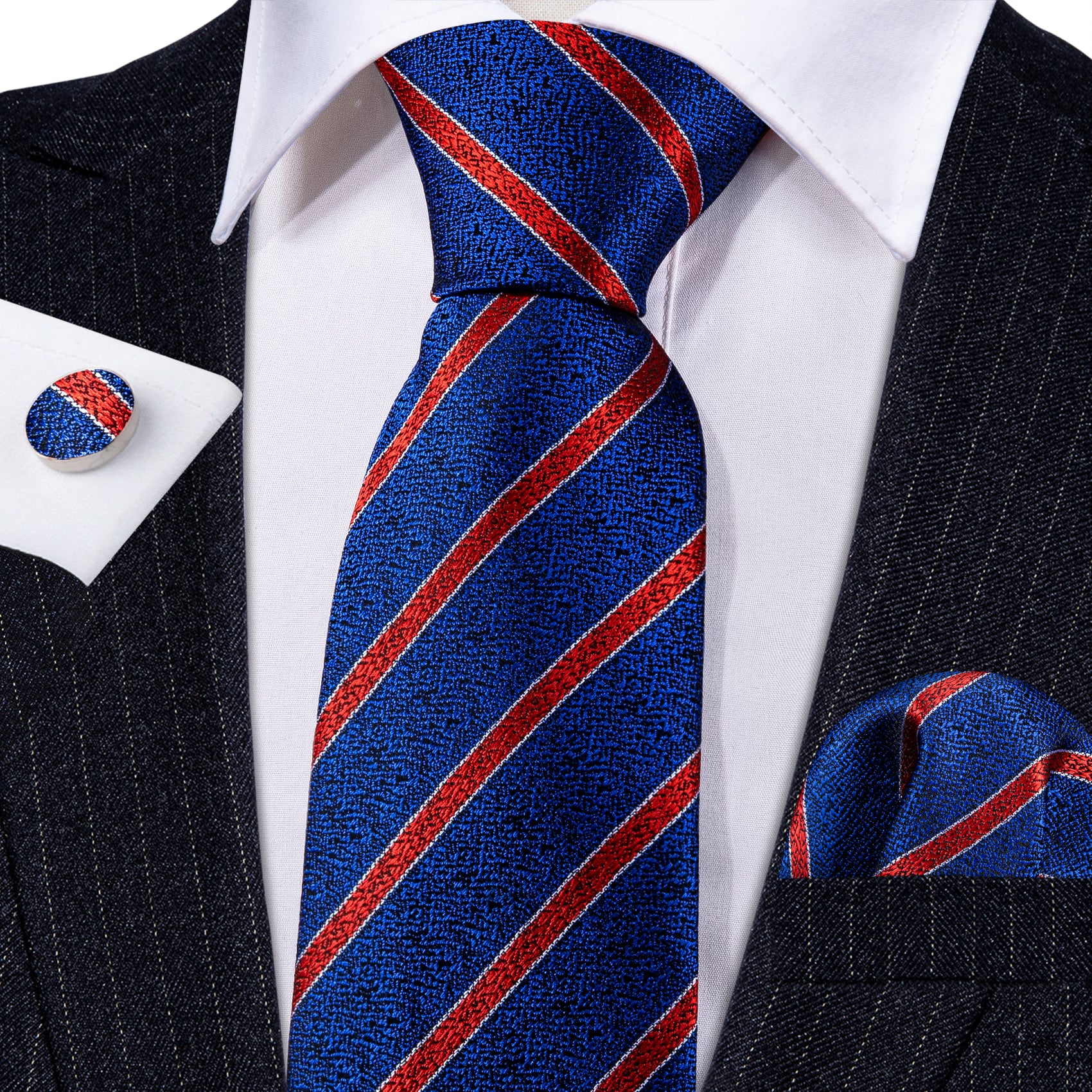  Dark Blue Ties Red Striped Tie Handkerchief Cufflinks Set