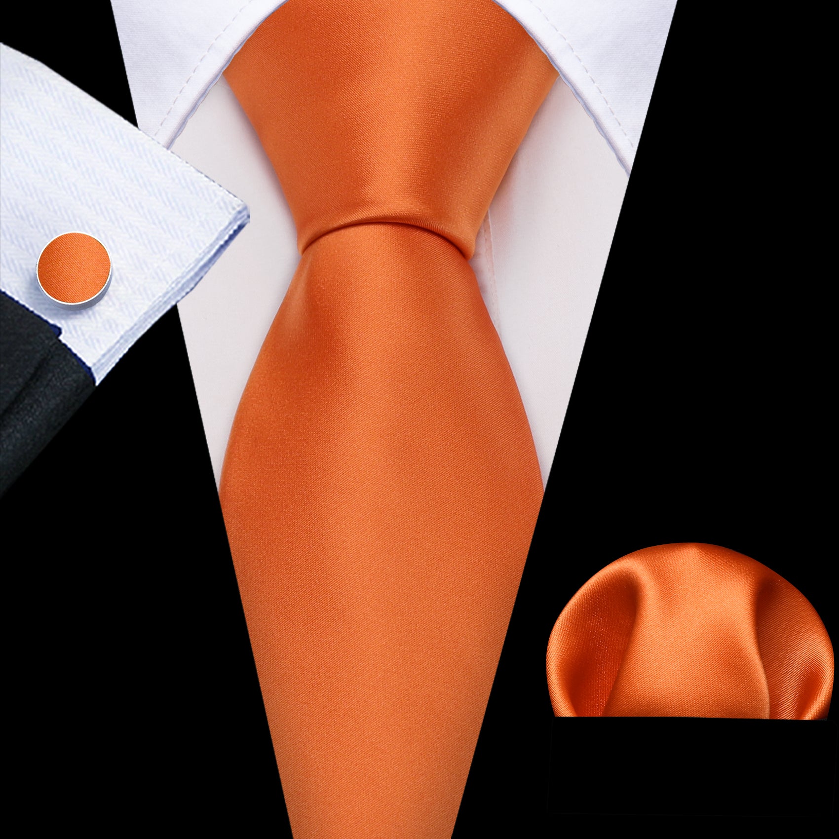 Orange Solid Silk Tie Handkerchief Cufflinks Set