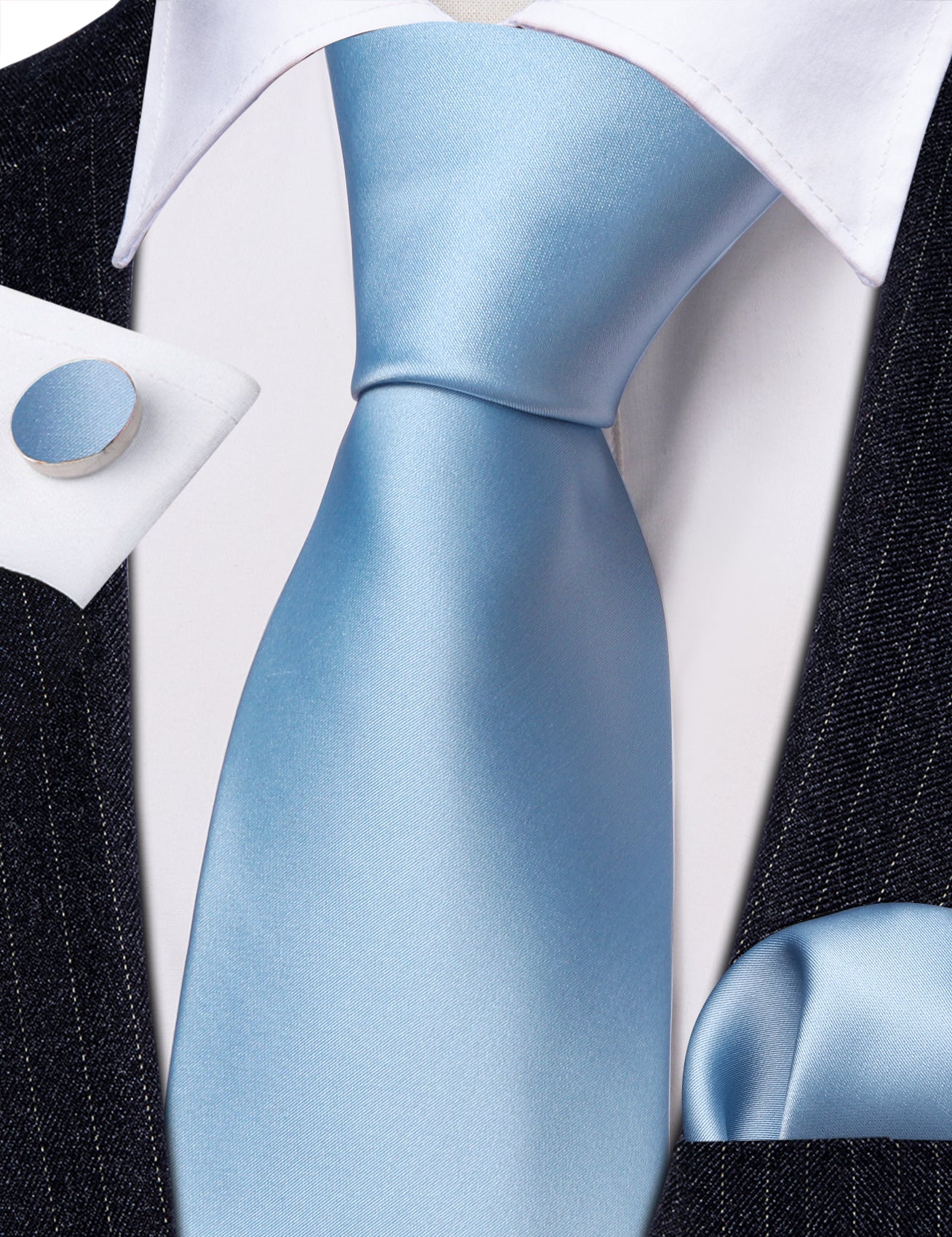 Bright Blue Solid Silk Tie Handkerchief Cufflinks Set For Men