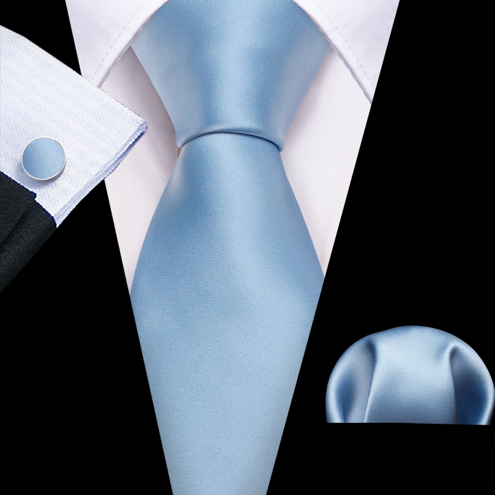 Bright Blue Solid Silk Tie Handkerchief Cufflinks Set For Men