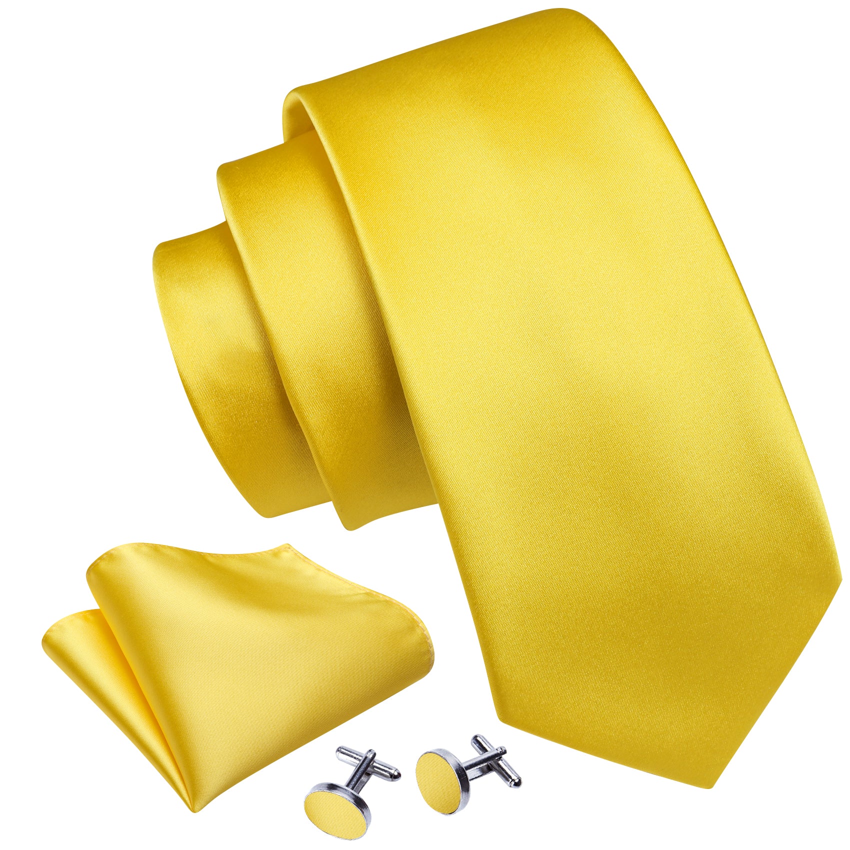 Yellow Solid Silk Tie Handkerchief Cufflinks Set For Men