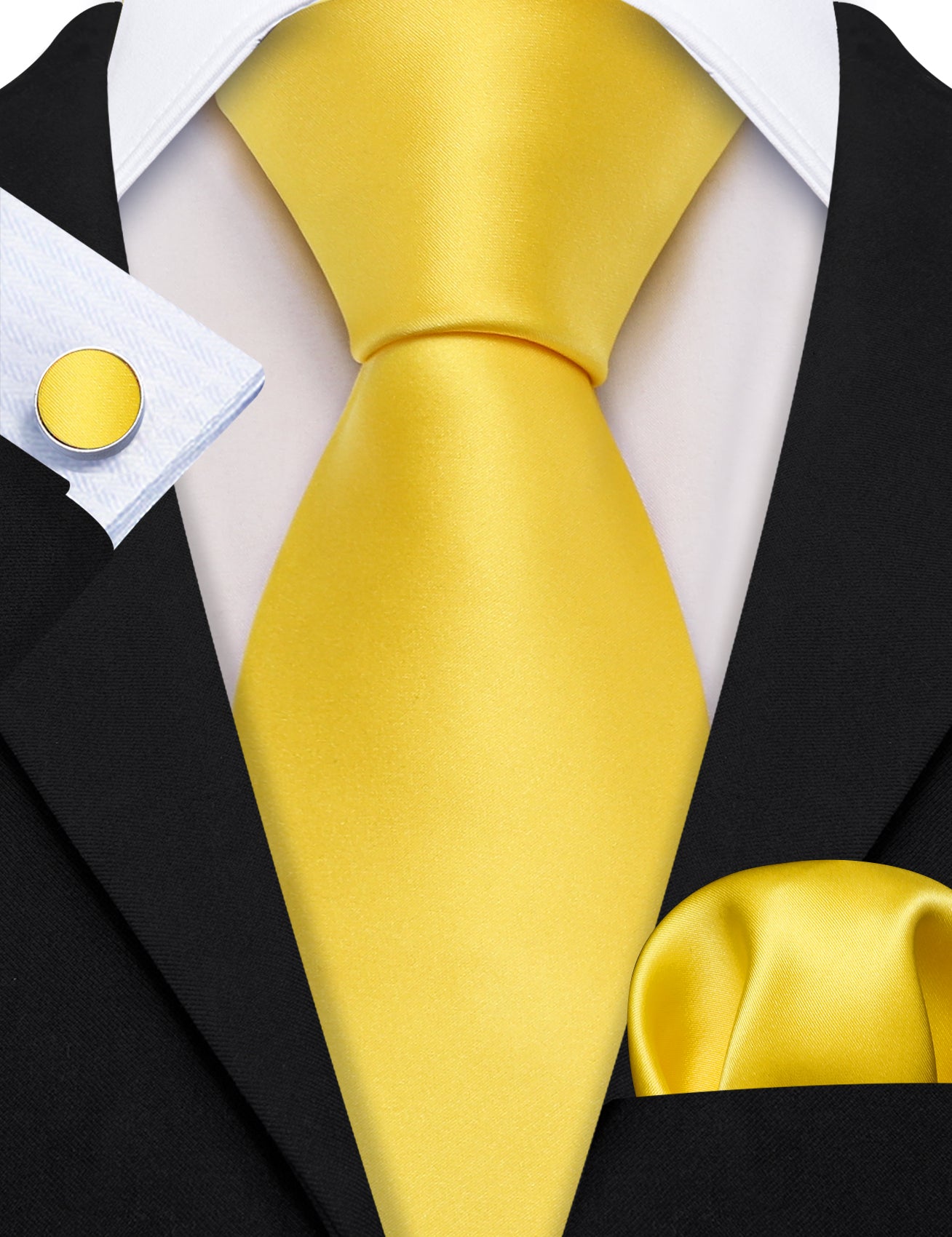 Yellow Solid Silk Tie Handkerchief Cufflinks Set For Men