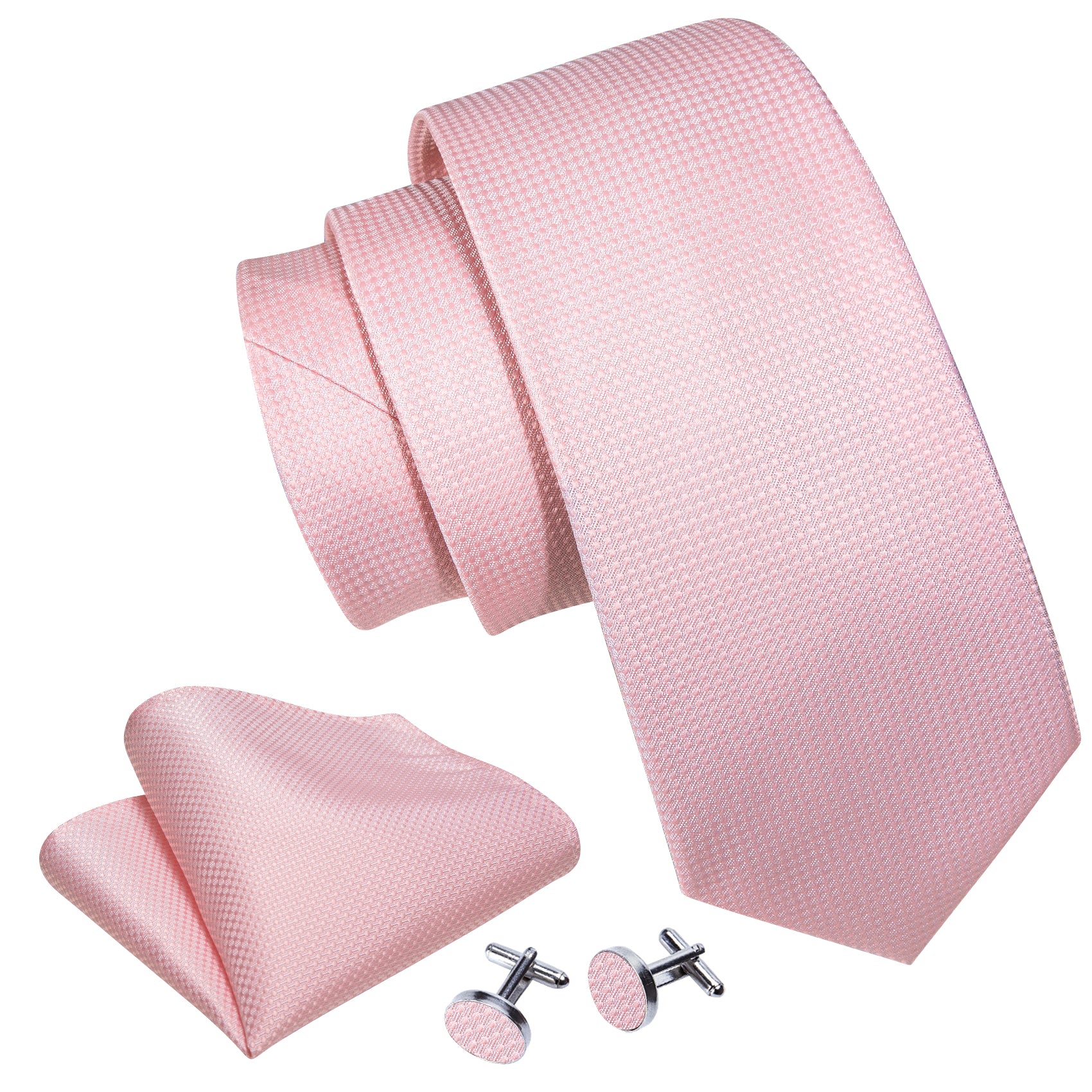 Pink Solid Silk Tie Handkerchief Cufflinks Set