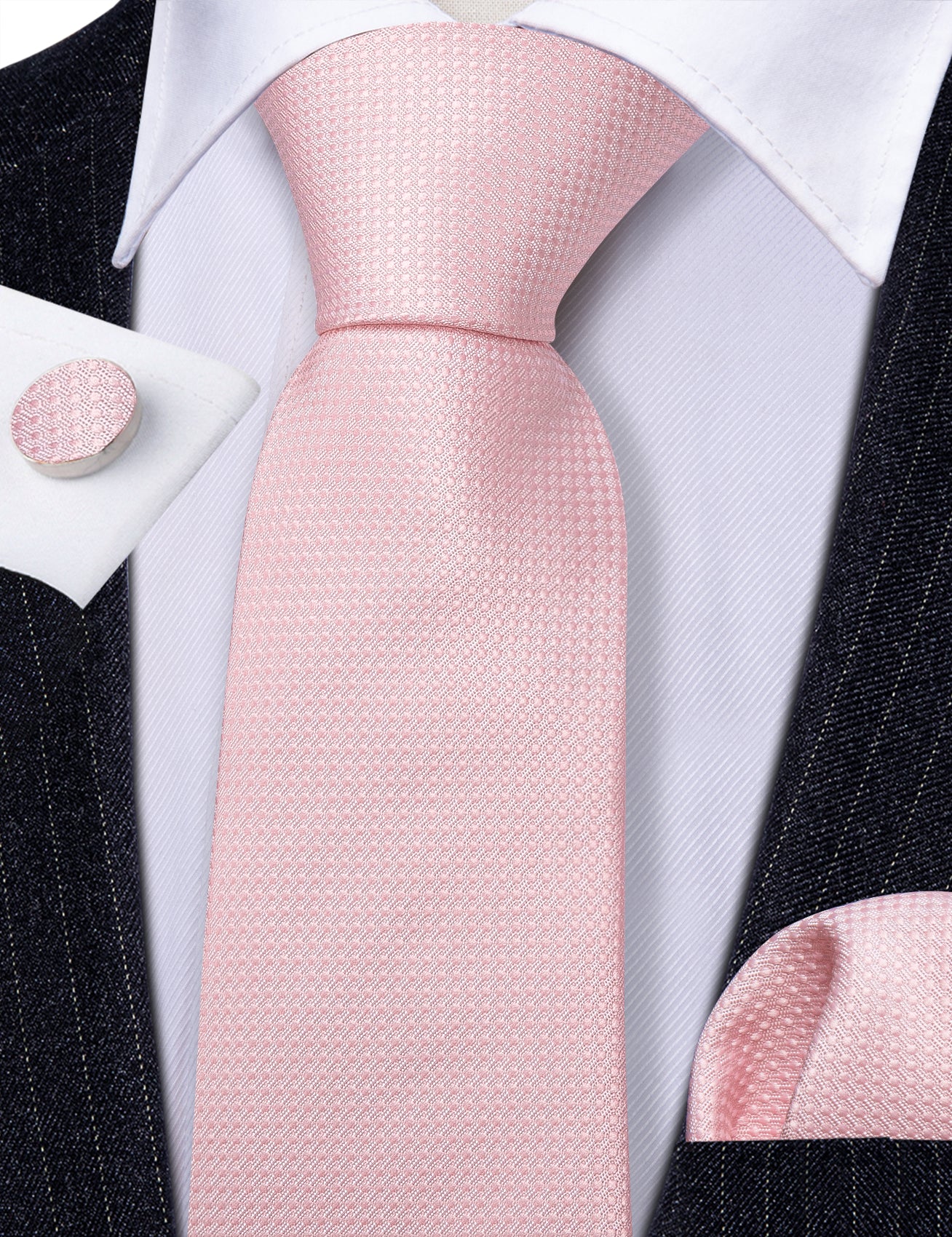 Pink Solid Silk Tie Handkerchief Cufflinks Set